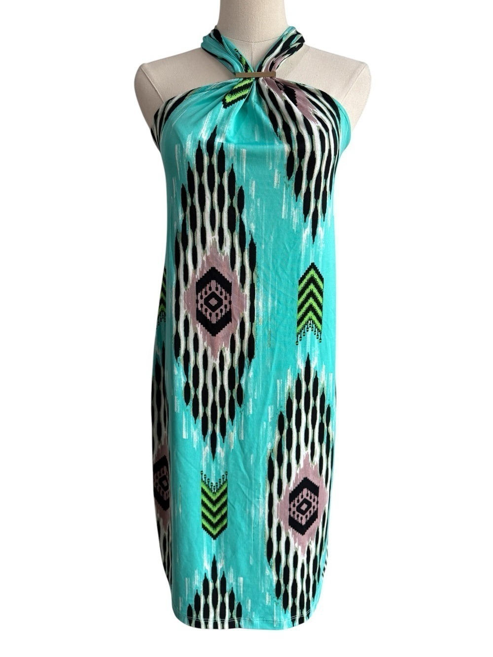 Vintage Y2K Jessica Abstract Halter Dress Sz S Aqua Turquoise Swimwear Beach EUC